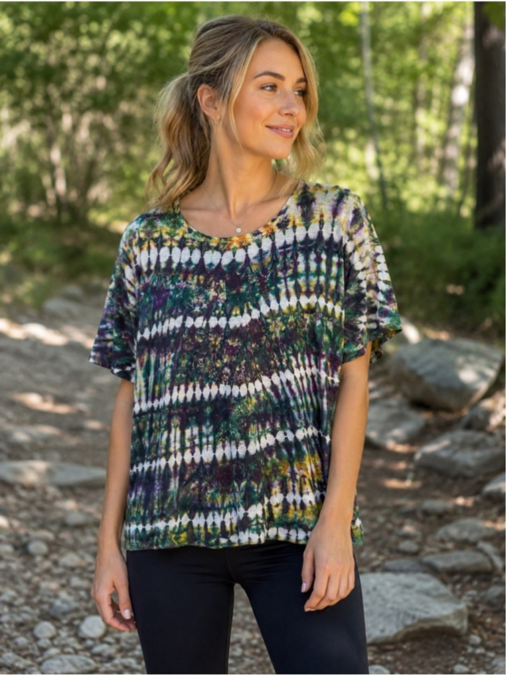 Women's Short Sleeve Tie-Dye Tee in Green and Purple Size S Boho Festival